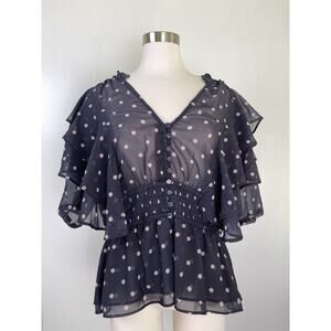 eShakti Women's Sz L Black Blouse Polka Dot Ruffle Sheer Flutter Sleeve